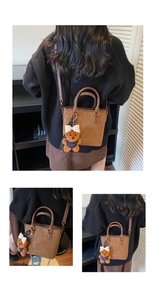 Detailed views of brown suede crossbody bucket bag with cute teddy bear charm accessory