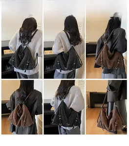 Detailed views of high-capacity suede backpacks in black and brown with adjustable straps