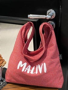 Women Large Capacity Canvas Tote Bag Letter Printed Checkered Shoulder Crossbody Bag Casual Versatile Shopping Handbag