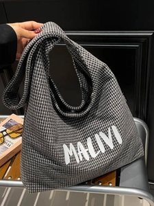 Classic houndstooth canvas tote bag with MALIVI letter print and wide shoulder strap