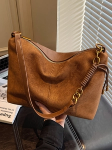 Borsa a Spalla da Donna Retro in PU Camoscio Grande Capacità Borsa Tote Hobo Patchwork Con Catena Dorata Borsa a Mano Moda