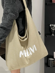 Green and white checkerboard canvas tote bag with MILIVI lettering for women