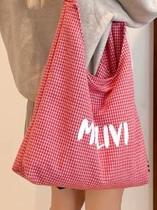 Red and white checkered canvas tote bag with MLIVI logo print and large capacity