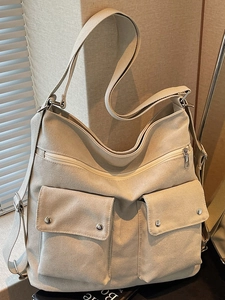 Women Large Capacity Canvas Shoulder Bag Multi-Pocket Simple Tote Casual Crossbody Bag Urban Solid Color Daily Commuting Handbag