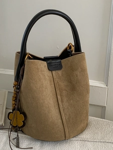 Retro Suede Bucket Bag For Women Fashion Leopard Print Patchwork Shoulder Bag With Wooden Beads Floral Pendant Handbag