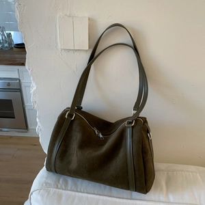 Olive green suede Boston tote bag with large capacity and dual shoulder straps