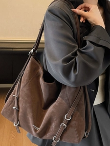 Large capacity vintage dark brown suede tote bag with silver metal buckles for women