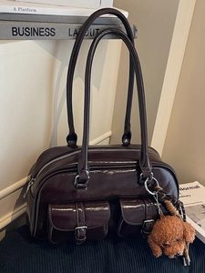 Vintage Women PU Leather Boston Shoulder Bag Retro Pillow Shape Underarm Bag Large Capacity Handbag With Puppy Charm
