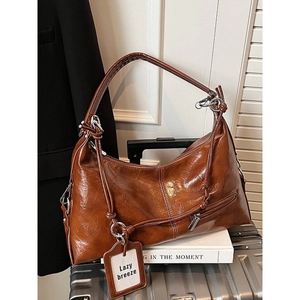 Women Large Capacity Vintage PU Leather Shoulder Bag Retro Wrinkled Tote Crossbody Bag Street Trend Commuting Handbag