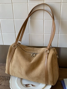 Vintage large capacity camel suede boston bag for women with leather handles
