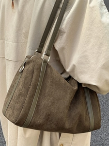 Vintage brown suede boston shoulder bag with silver hardware for women fashion