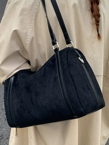 Vintage large black suede tote bag for women with silver ring buckle and leather straps