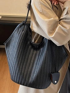 Grand sac cabas tressé en cuir PU noir pour femme style rétro décontracté pour l'automne