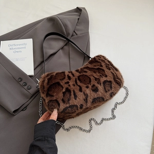 Detailed close-up of leopard print faux fur bag with silver chain and leather strap