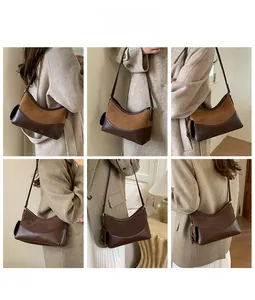 Detailansichten einer Vintage-Umhängetasche aus braunem Leder-Patchwork an einem Modell