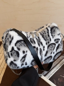 Leopard Print Plush Shoulder Bag Faux Fur Underarm Bag With Chain Strap Fashion Women Winter Handbag Minimalist