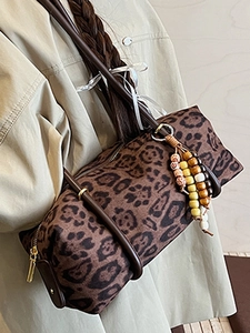 Fashionable leopard print cylinder shoulder bag with beaded charm for daily commuting