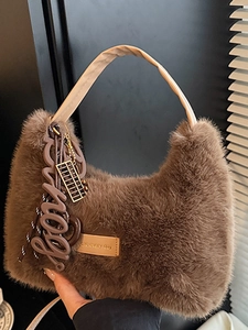 Women Soft Faux Fur Plush Handbag Fashion Crossbody Shoulder Bag With Letter Pendant Solid Color Urban Simple Tote Bag