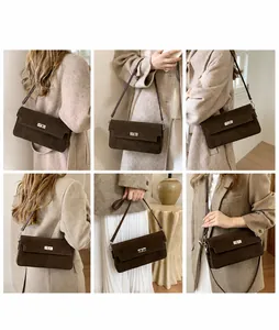 Detail shots of minimalist suede shoulder bags in dark brown and burgundy with metal twist locks