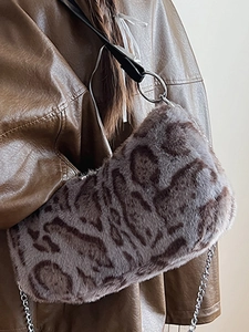 Plush leopard print shoulder bag with metal chain strap and luxury faux fur texture
