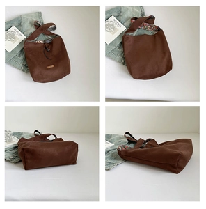 Detailed four-view display of brown suede tote bag with leopard print strap and drawstring