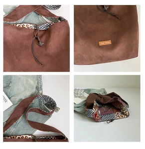 Detail shots of brown suede bucket bag featuring leopard and floral print patchwork lining