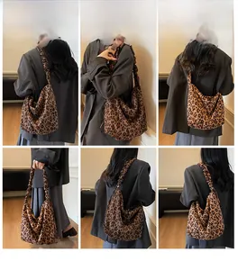 Detailed views of leopard print tote bag with stylish drawstring pleated shoulder straps