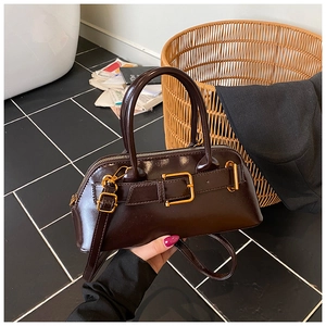 Detail of deep brown glossy leather handbag with retro gold metal buckle and zipper