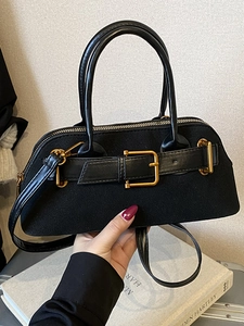 Retro black minimalist crossbody bag with vintage gold buckle and dual handles