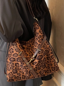 Vintage leopard print shoulder bag with brown leather straps and large capacity for women