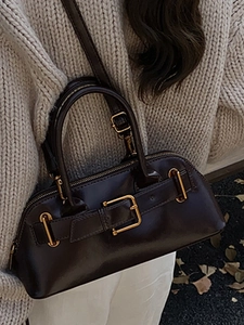 Retro dark brown boston bag with oil wax leather finish and detachable crossbody strap
