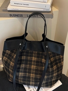 Brown and black plaid tote bag with faux leather trim and dual handles for women