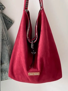 Ethnic style dark red suede tote bag with floral patchwork and black and white checkered lining