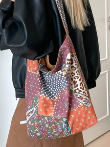 Bohemian floral and leopard print denim patchwork tote bag with wide strap