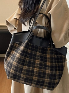 Large capacity tote bag with black leather top and brown plaid fabric for women