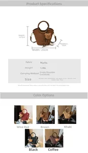 Tableau détaillé des dimensions du sac seau en cinq couleurs avec breloque