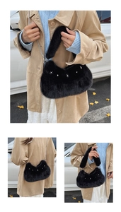 Detailed view of plush faux fur handbag with sparkling silver star decoration and chain