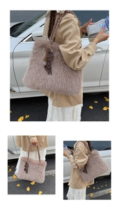 Detailed macro view of plush mauve faux fur tote with dark brown braided handles