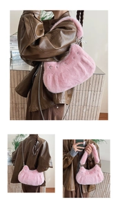 Detail of soft pink faux fur texture and sturdy chain strap on stylish shoulder bag