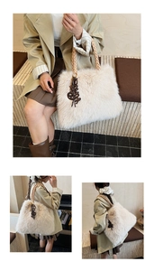Detail of plush off-white tote bag with woven rope handle and brown letter pendant