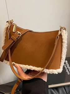Sac Sous le Bras en Daim Vintage pour Femmes Avec Épissage en Laine d'Agneau Sac à Bandoulière Minimaliste Rétro pour Automne Hiver