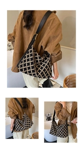 Detail of the geometric diamond pattern on a large capacity suede hobo shoulder bag