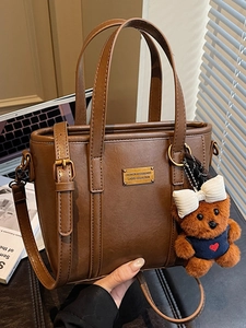 Fashion Women PU Leather Bucket Bag With Bear Keychain Large Capacity Shoulder Tote Crossbody Bag For Commuting Daily