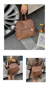 Detailed views of vintage brown leather backpack with gold clasp and buckle straps