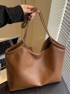 Minimalist large capacity brown PU leather tote bag with metal chain shoulder strap for women