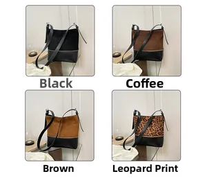 Collage of four stylish bucket bags in black, coffee, brown, and trendy leopard print textures