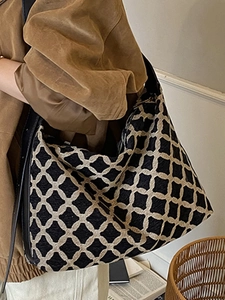 Large capacity suede shoulder bag featuring a black and beige geometric rhombus pattern