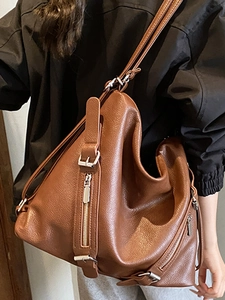 Brown litchi grain leather tote bag with silver zippers and large capacity design