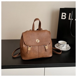 Detail of vintage brown leather backpack with gold buckle and textured lychee pattern leather