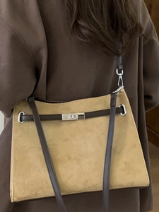 Retro khaki frosted leather tote bag with brown straps and metal lock for women